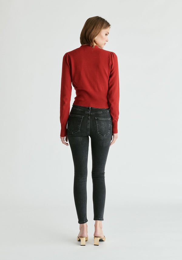 Long Sleeve Knitted Button Wrap Top in Burgundy Back